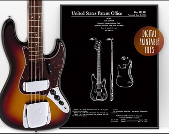Vintage Fender 64 Bass Guitar Patent drawing poster, Digital Printable Wall Decor, instant download, Guitarist musician gift, Bassist print