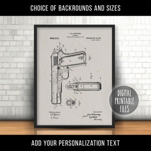 Póster con dibujo de patente vintage de pistola de fuego Browning, arte personalizado para imprimir digitalmente, descarga instantánea, regalo para dueños de armas de la segunda enmienda