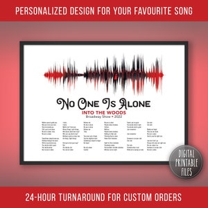 May include: A digital printable file featuring a red and black sound wave graphic with the text "No One Is Alone" and "Into The Woods Broadway Show 2022". The image also includes lyrics from the musical.