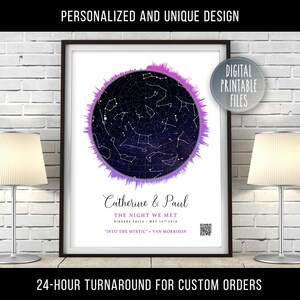 Póster de ondas sonoras y mapa estelar, gráfico de constelaciones personalizado, diseño digital imprimible, regalo de aniversario de bodas, código QR de canción favorita