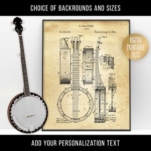 Banjo Vintage Patent drawing poster, Digital Printable instant download files, Personalized custom design wall decor print gift for musician