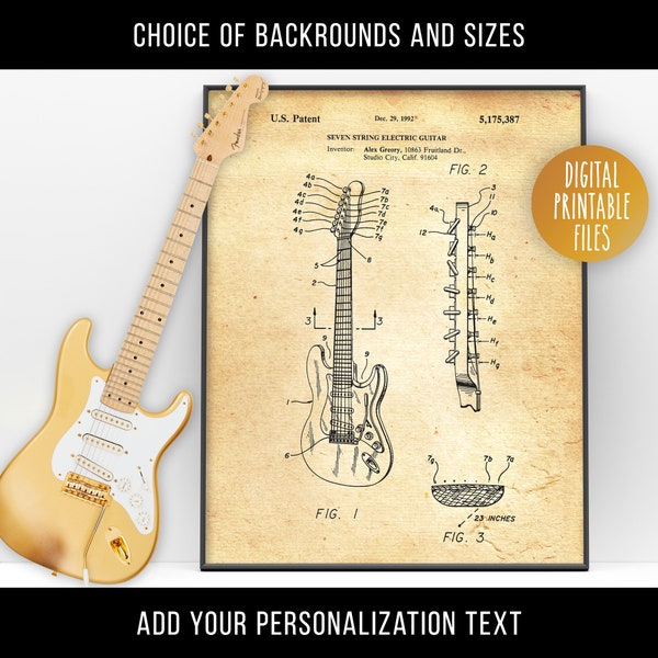 Fender Stratocaster Guitar 7 string, Patent drawing art, Digital Printable poster, Instant download files, Personalized print gift for him