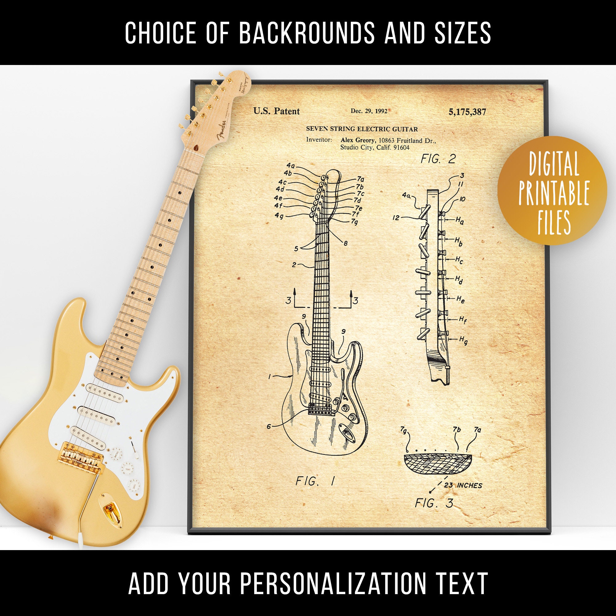 Fender Stratocaster Guitar 7 String Patent Drawing Art Digital