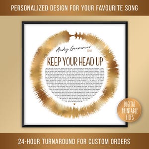 Könnte beinhalten: Ein goldener und weißer druckbarer Poster mit den Songtexten zu "Keep Your Head Up" von Andy Grammar. Die Texte sind in einem Kreis um eine goldene Schallwellengrafik gedruckt. Der Poster ist in einem schwarzen Rahmen gerahmt.