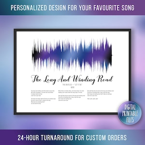 Puede incluir: Un archivo digital imprimible que presenta una visualización de la onda sonora de la canción "The Long and Winding Road" de The Beatles. La letra de la canción está impresa debajo de la onda sonora.