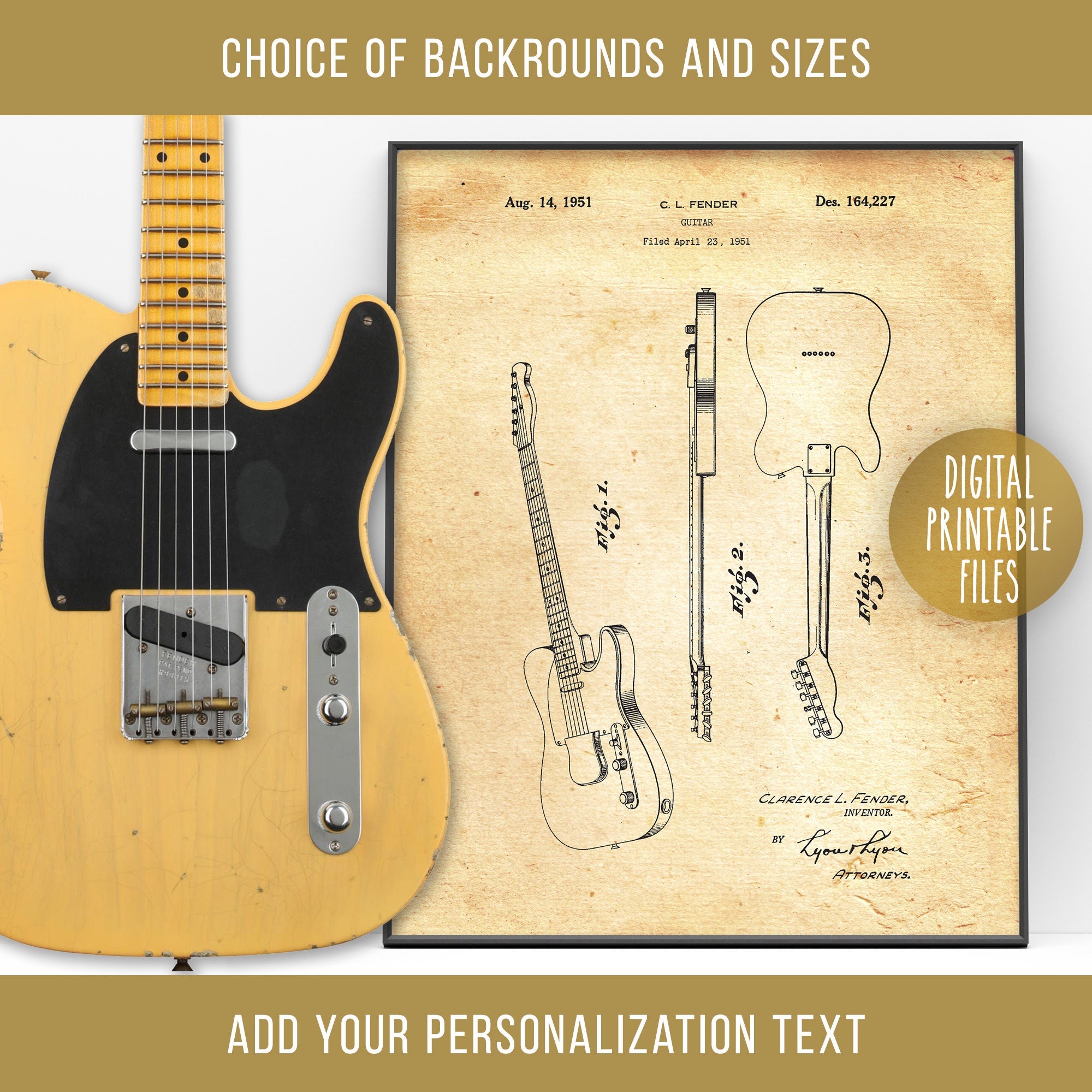 Vintage Telecaster Guitar Patent drawing, Digital Printable poster, Instant download files, Personalized print, Musician gift for him