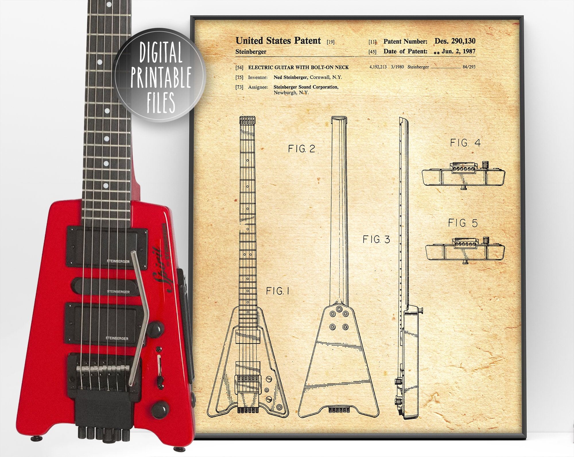Steinberger Headless Spirit Guitar Vintage Patent Drawing Poster