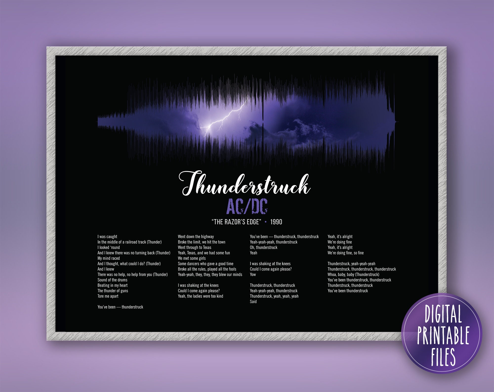 Thunderstruck, Custom Sound Wave & Lyrics Art, Printable Digital ...
