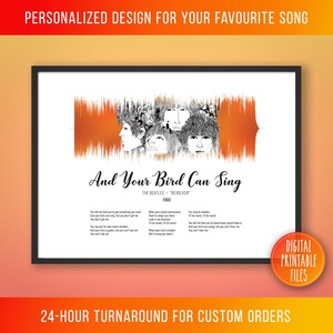 Puede incluir: Una impresión de arte digital imprimible que presenta una onda sonora estilizada de la canción de los Beatles "And Your Bird Can Sing" del álbum "Revolver" lanzado en 1966. La impresión incluye una ilustración en blanco y negro de los miembros de la banda.