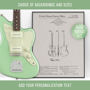 Vintage Jazzmaster Guitar Patent rysunek sztuka, plakat do druku cyfrowego, pliki do natychmiastowego pobrania, szary karton projekt wydruku prezent