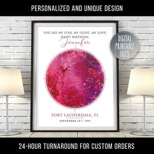 Mapa de constelaciones de estrellas para el feliz cumpleaños de tu esposa / Póster imprimible digital personalizado / Gráfico de galaxia personalizado / Descarga instantánea / Impresión de regalo