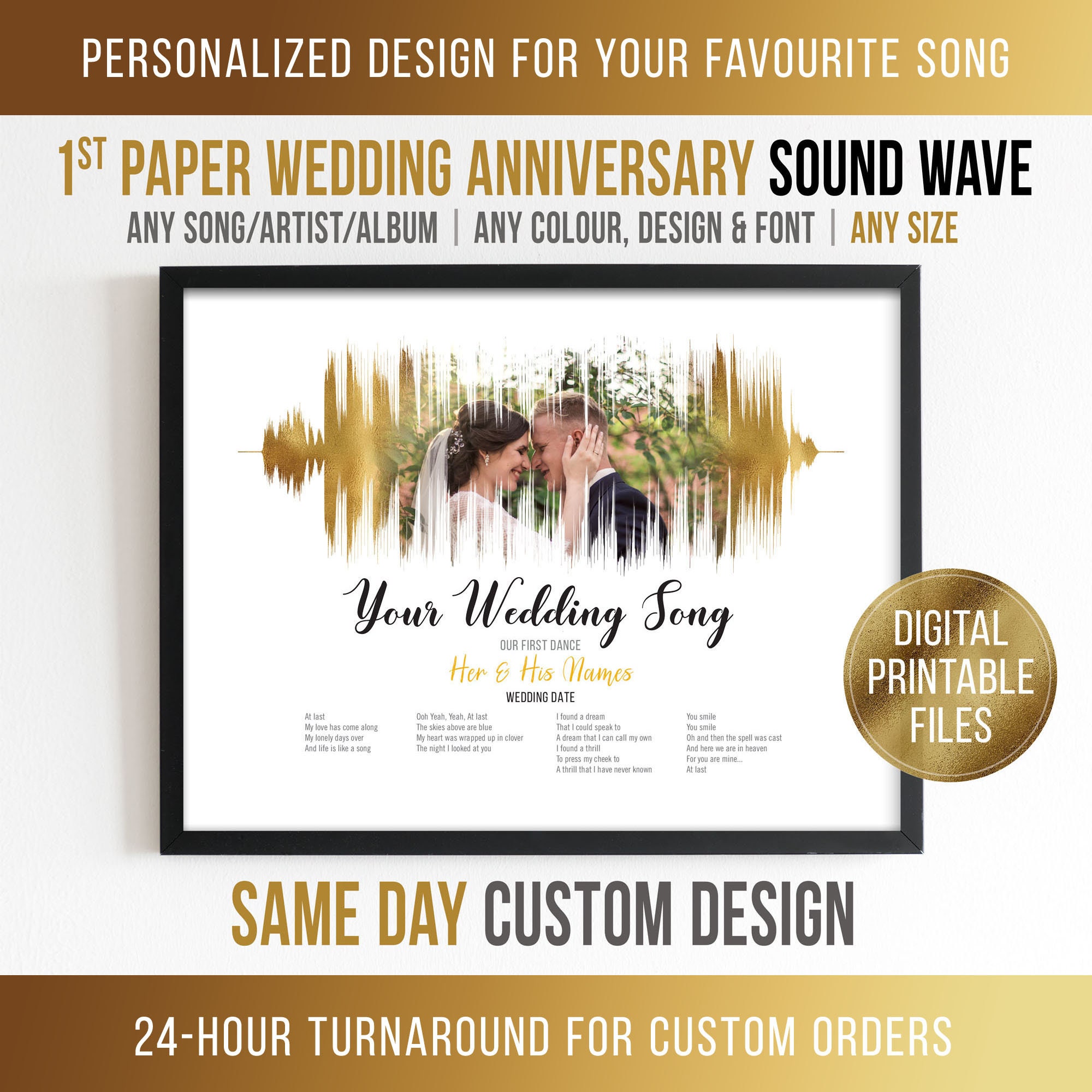 Paper Wedding Anniversary gift, Custom Sound Wave and Lyrics art, First Dance, Printable digital, Personalized 1st Anniversary print for her