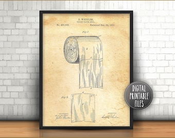 Toilet Paper Roll Vintage Patent drawing | Digital Printable poster files | Personalized print | Bathroom humour decor | Instant download