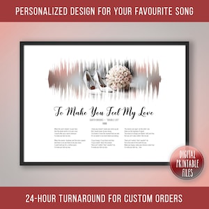Może przedstawiać: Cyfrowy, drukowany wydruk artystyczny przedstawiający wizualizację fali dźwiękowej utworu "To Make You Feel My Love" Gartha Brooksa. Fala dźwiękowa jest w odcieniach różowego i białego, a słowa piosenki są wydrukowane pod falą. Obraz zawiera również bukiet białych róż i parę białych butów.