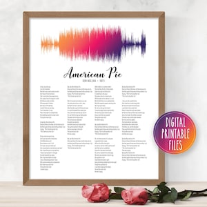 Puede incluir: Un archivo digital imprimible que presenta la letra de la canción "American Pie" de Don McLean. La letra está impresa en texto negro sobre un fondo blanco. La imagen también incluye un gráfico de onda sonora colorido en la parte superior.