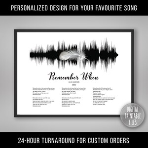 May include: A black and white digital printable art print featuring a sound wave visualization of the song "Remember When" by Alan Jackson. The lyrics to the song are printed below the sound wave.