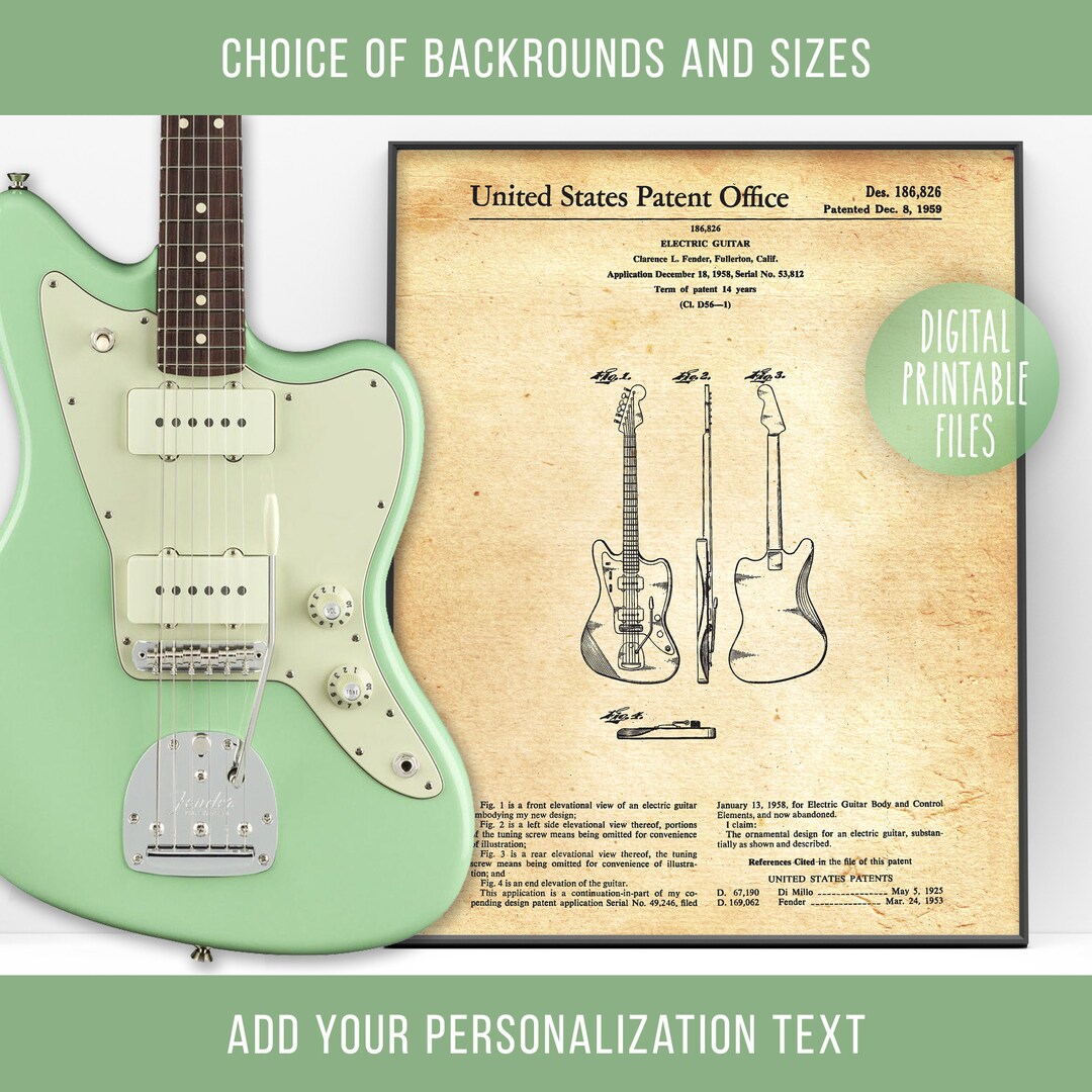 Vintage Jazzmaster Guitar Patent Drawing, Digital Printable Poster
