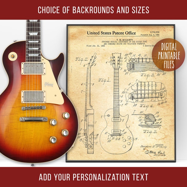 Vintage Gibson "Les Paul" Guitar Patent drawing Poster, Digital Printable Wall Decor, instant download files, Guitarist gift, Custom print