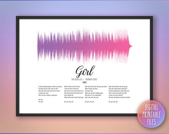 Chica, Arte de onda de sonido y letra personalizado, Rubber Soul, Digital imprimible, Descarga instantánea, Impresión musical personalizada, Regalo de cumpleaños para ella y él