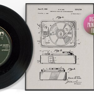 May include: A black and white vintage patent drawing for a combination sound and picture mechanism. The drawing shows a record player with a turntable, tonearm, and a speaker. The patent number is 2,512,724 and the inventor is Ralph M. Like. The patent was filed on November 1, 1948 and granted on June 27, 1950.