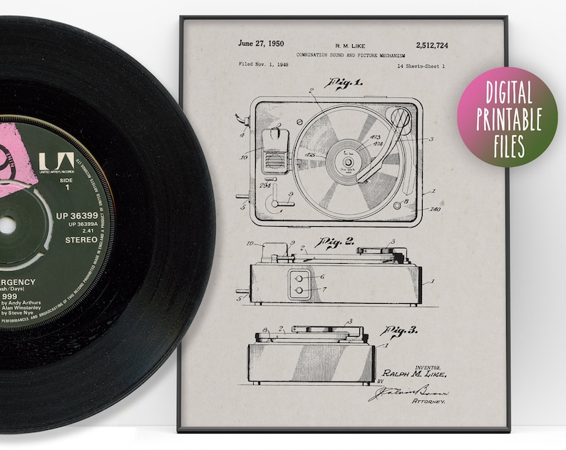 May include: A black and white vintage patent drawing for a combination sound and picture mechanism. The drawing shows a record player with a turntable, tonearm, and a speaker. The patent number is 2,512,724 and the inventor is Ralph M. Like. The patent was filed on November 1, 1948 and granted on June 27, 1950.