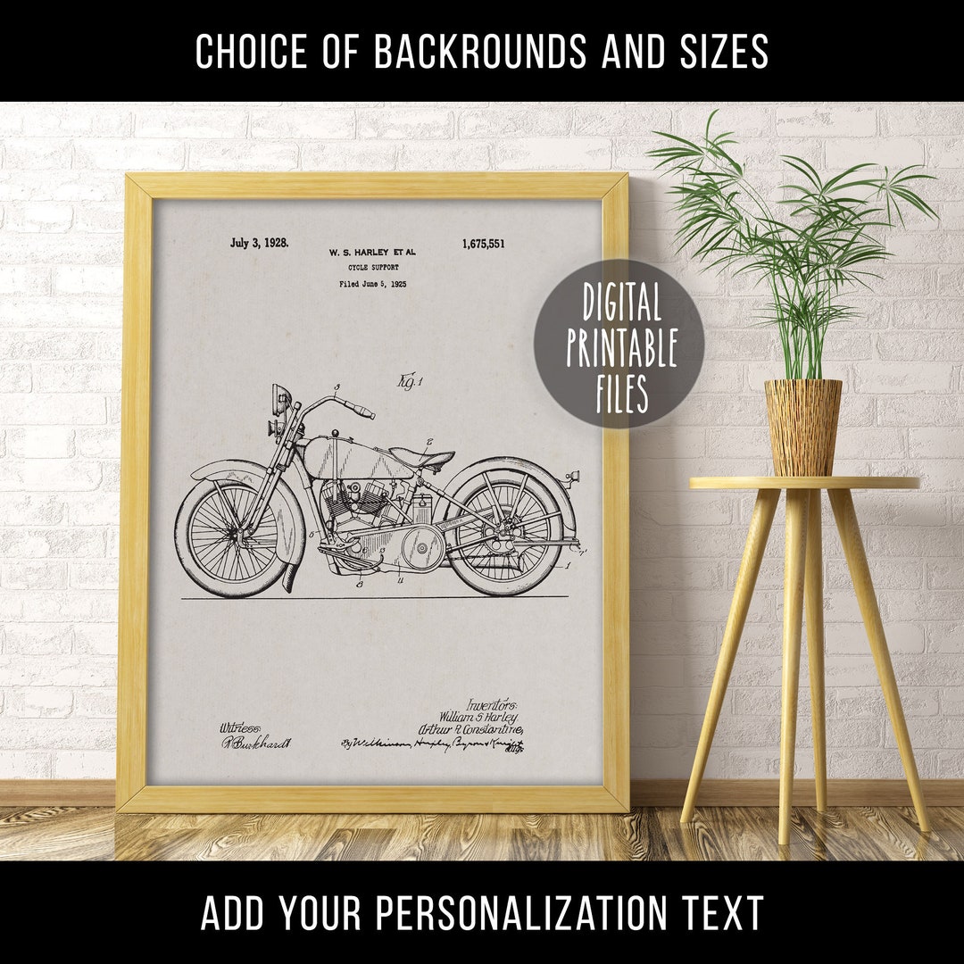 Harley Davidson Motorcycle Vintage Patent Drawing Art, Digital ...
