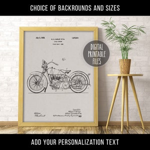 Dibujo artístico de patente vintage de motocicleta Harley Davidson, póster imprimible digitalmente, archivos de descarga instantánea, regalo con impresión de diseño de cartón gris