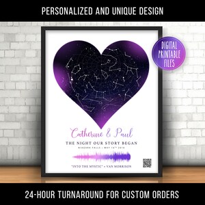 Mapa de estrellas, corazón y ondas sonoras, arte personalizado, gráfico de constelaciones, póster digital imprimible, regalo de aniversario de bodas, código QR de su canción