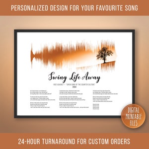 Può includere: Un file digitale stampabile che presenta una visualizzazione dell'onda sonora della canzone "Swing Life Away" dei Rise Against. Il titolo della canzone e il nome della band sono stampati sotto l'onda, insieme al titolo dell'album "Siren Song of the Counter Culture" e l'anno 2004. L'immagine è su uno sfondo bianco con una silhouette di albero marrone nella parte superiore dell'onda.