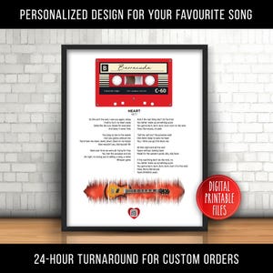 May include: A printable digital download of a vintage cassette tape with the song "Heart" by the band "Barracuda" printed on it. The lyrics are printed below the cassette tape, and a red and white sound wave graphic is behind the lyrics. The sound wave graphic has a red electric guitar in the middle of it.