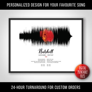 May include: A digital printable art print featuring a black and white sound wave visualization of the song "Nutshell" by Alice in Chains. The song title and band name are printed in black text below the sound wave. The lyrics to the song are printed below the band name. The print is framed in a black frame.