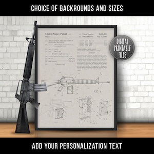 Semi-Automatic Firearm Gun Patent drawing art, Digital Printable M16 M4 poster, Instant download files, Black print, Gift for Army Veteran