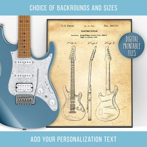 Super Strat Electric Guitar, Vintage Patent drawing Poster, Digital Printable art, Instant download files, Custom Stratocaster print for him