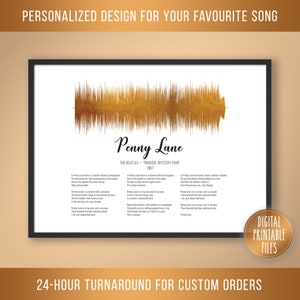 Penny Lane, Custom Sound Wave & Lyrics art, Printable digital, Instant download, Personalized music print, Favourite song wall decor gift