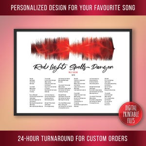 May include: A digital printable file of a red and white song lyric print with the song title "Red Light Spells Danger" by Billy Ocean. The lyrics are displayed in a column format with a red sound wave graphic at the top.