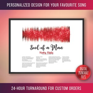 May include: A red and white digital art print of a song's sound wave with the title "Soul of a Man" and the musical "Kinky Boots" printed below. The lyrics of the song are printed below the title.