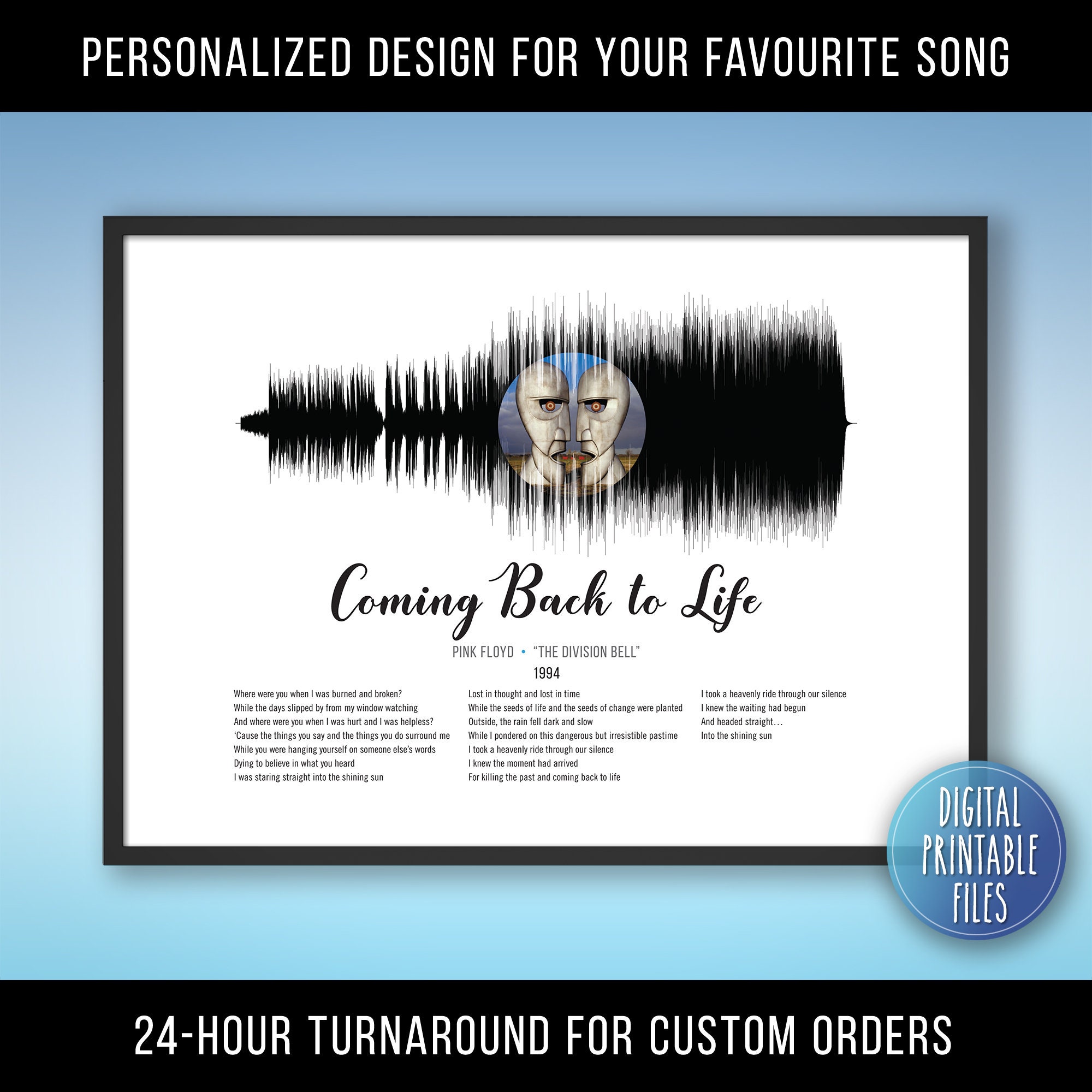 Coming Back to Life, Custom Sound Wave Lyrics art, Printable digital, Personalized Birthday gift print, Instant download, Favourite song