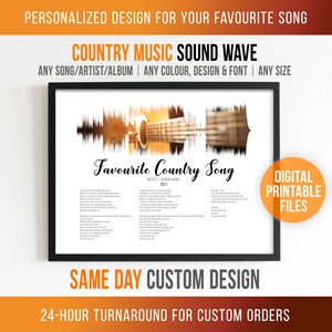 Country Song SOUND WAVE and LYRICS art, Custom Printable digital poster, Instant download files, Personalized favourite soundwave print gift