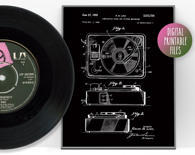 May include: Black and white illustration of a patent for a combination sound and picture mechanism. The patent is for a record player and was filed on November 1, 1948 and granted on June 27, 1950. The patent number is 2,512,724.