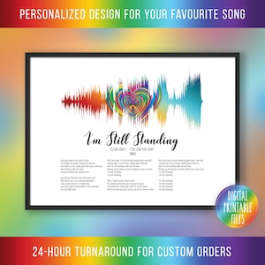 May include: A digital art print featuring a colourful sound wave with a heart in the centre. The text "I'm Still Standing" is displayed above the sound wave, along with the artist's name, Elton John, and the song title, "Too Low for Zero". The lyrics to the song are printed below the sound wave.