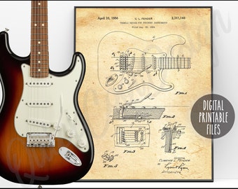 Stratocaster Guitar Vintage Patent drawing Poster, Digital Printable art, Instant download files, Old paper design, Custom Strat print gift