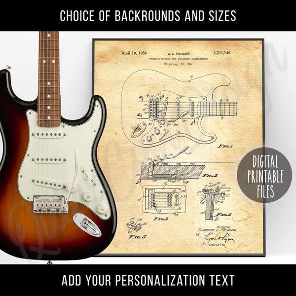 Fender Stratocaster Guitar Vintage Patent drawing Poster, Digital Printable art, Instant download files, Old paper design, Custom print gift