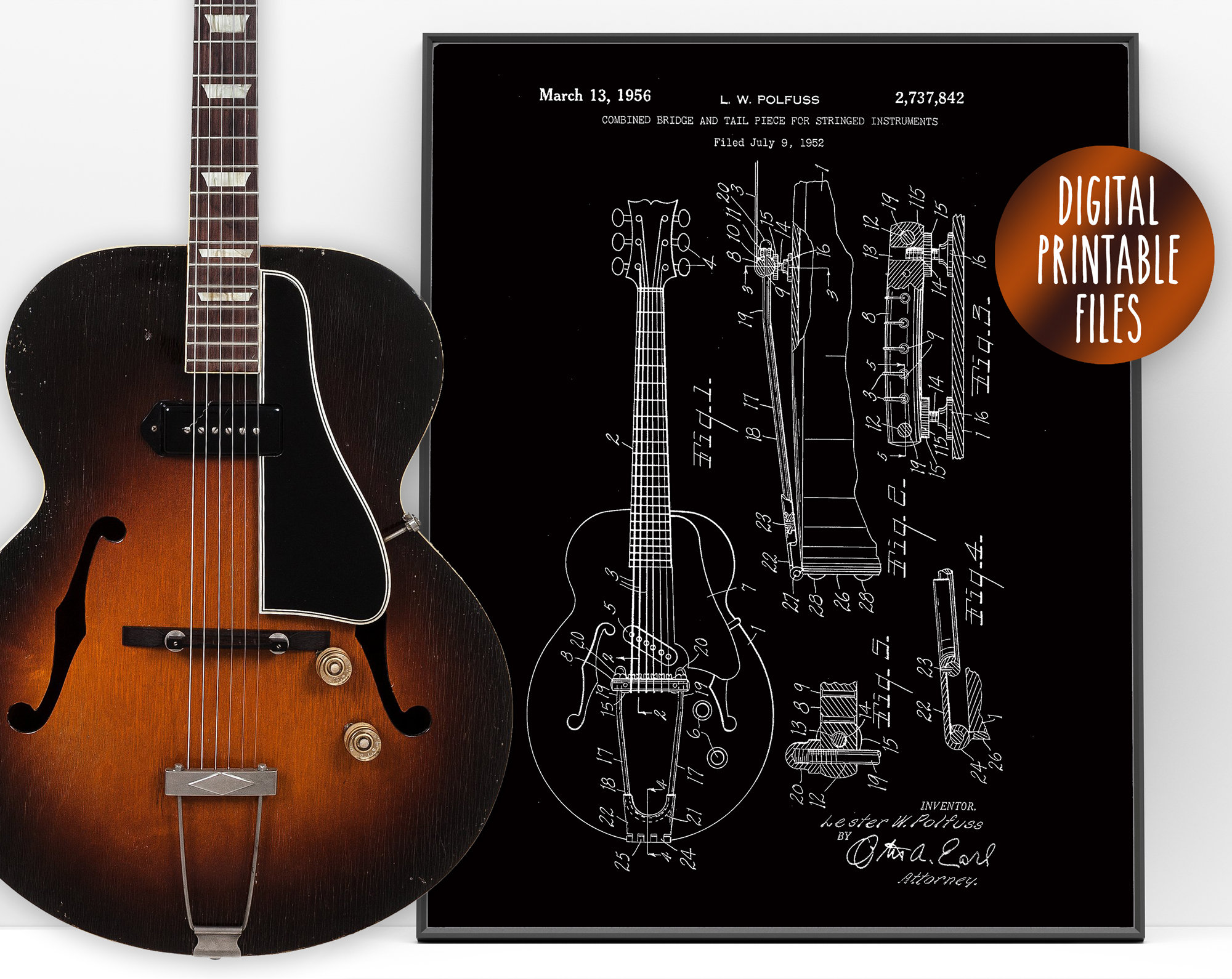 Vintage Gibson Les Paul Semi-hollowbody Guitar Patent Drawing Poster ...
