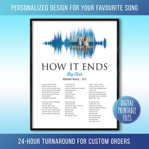 Puede incluir: Un archivo digital imprimible que presenta la letra de la canción "How It Ends" del musical de Broadway "Big Fish". La letra se muestra en blanco sobre un fondo azul con un gráfico de onda sonora y una foto de una pareja en una playa.
