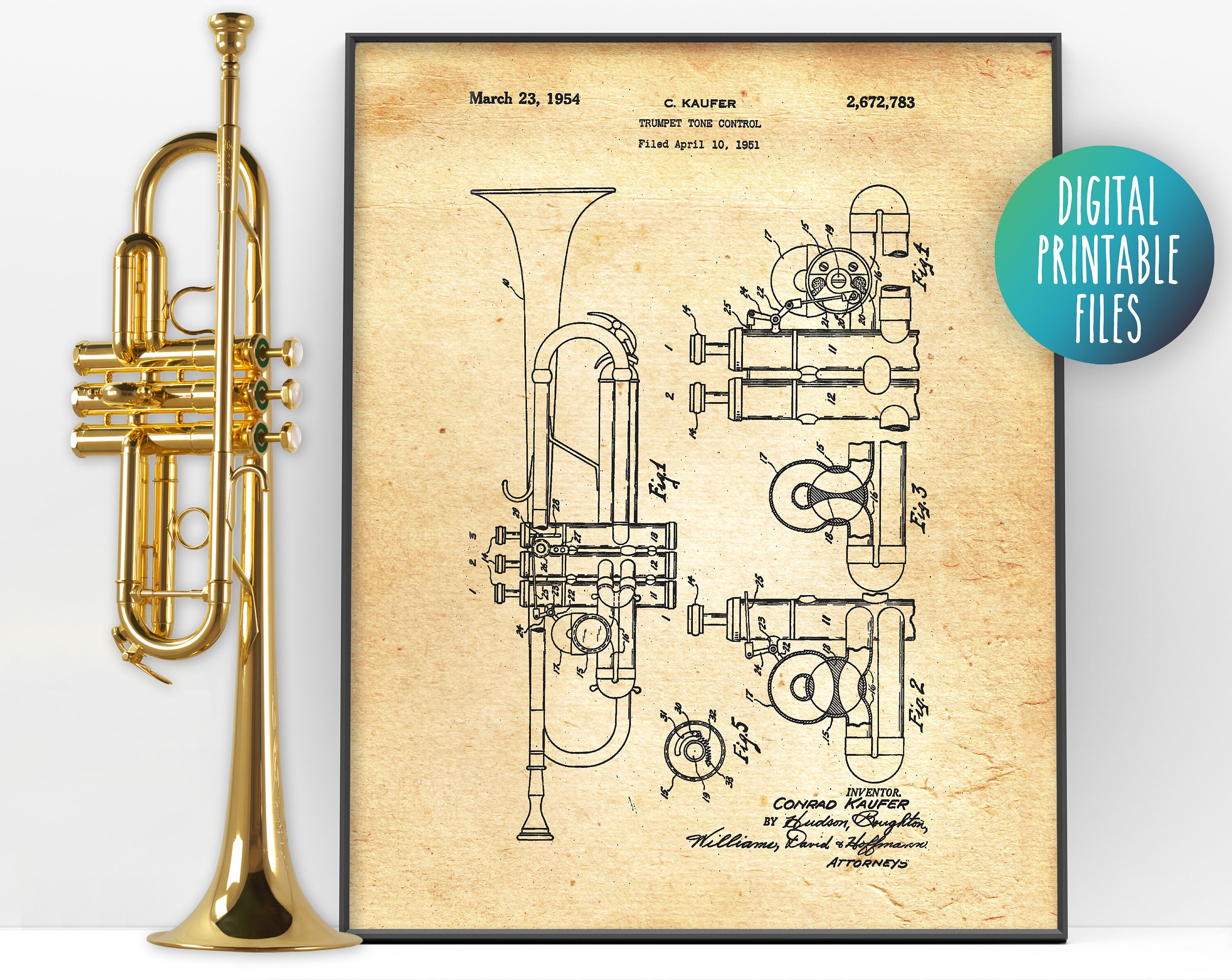 Vintage Trumpet Tone Control Patent Drawing Poster, Digital
