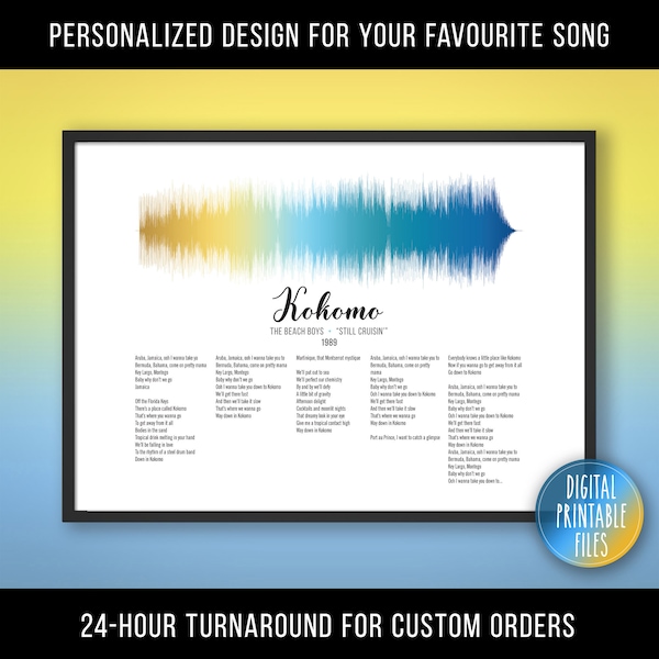 Kokomo, Custom Sound Wave Lyrics art, Printable digital, Instant download, Personalized Birthday print, Wedding Anniversary First Dance Gift