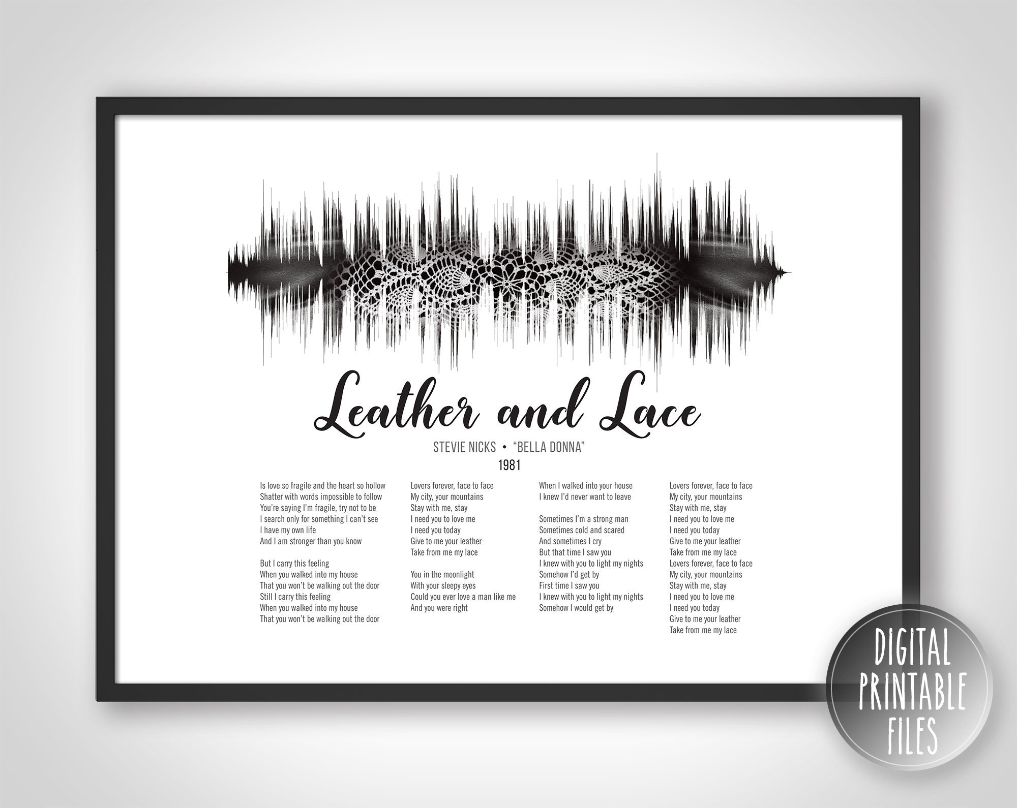 Leather and Lace, Custom Sound Wave & Lyrics Art, Printable