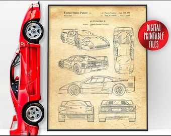 Vintage Ferrari Sport Car Patent drawing art, Digital Printable poster, Instant download files, Personalized antique automobile custom print