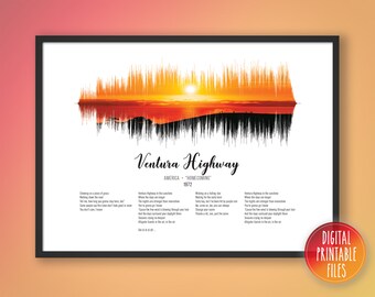 Ventura Highway, Custom Sound Wave & Lyrics art, Printable digital, Instant download, Personalized print, Gift for friend, Favourite music