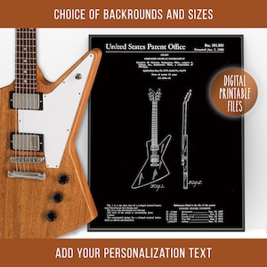 May include: Black and white line art drawing of a guitar patent. The patent is for a stringed musical instrument. The patent number is 181,465 and the date is January 7, 1958. The patent is titled "Stringed Musical Instrument".